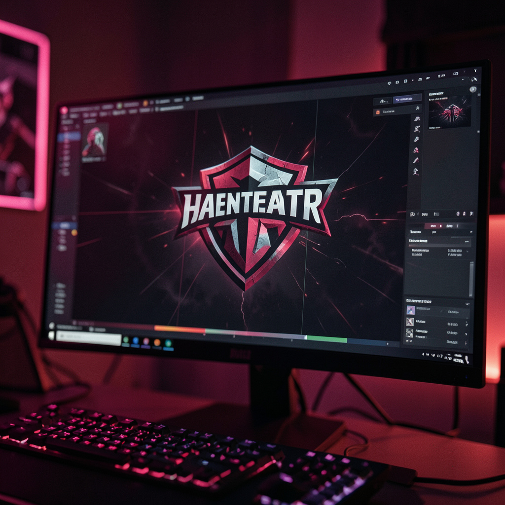 Valorant game logo on a monitor with performance overlay, dark red and black gaming atmosphere