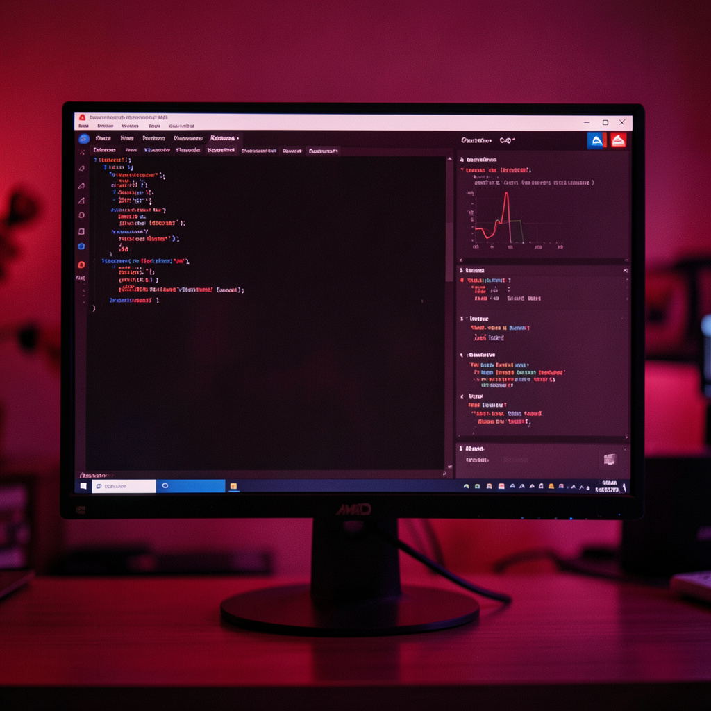 AMD Radeon software interface on a monitor, red and black color scheme, technical troubleshooting mood