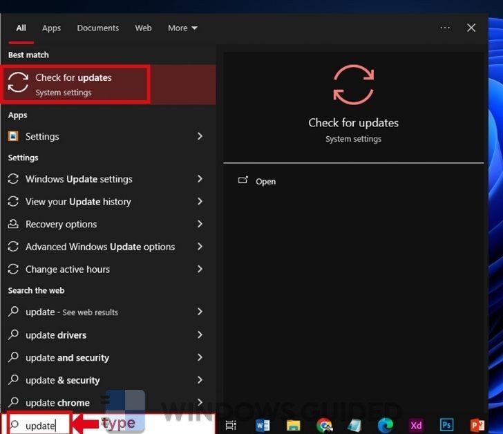 Type update in Windows Search