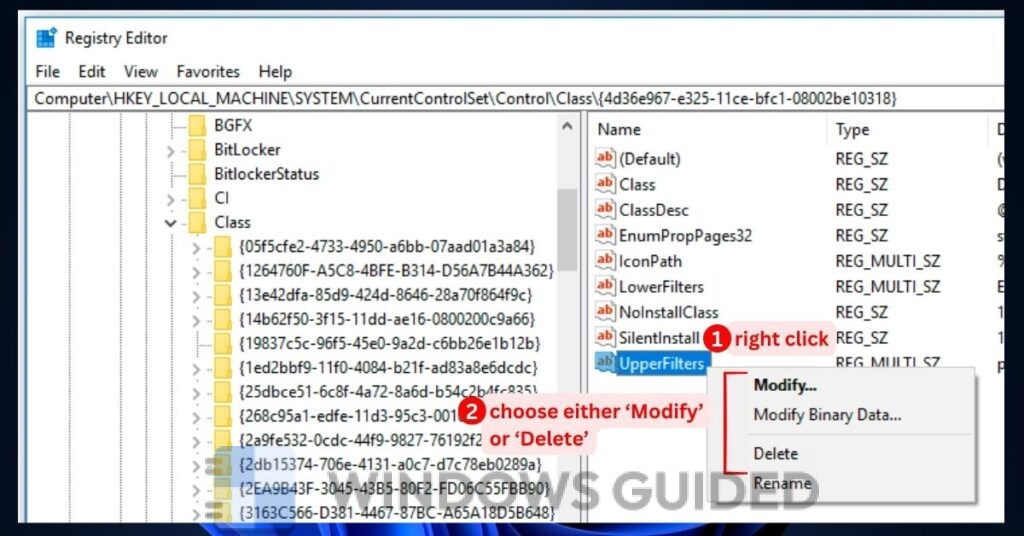 Modify or Delete in Registry Editor